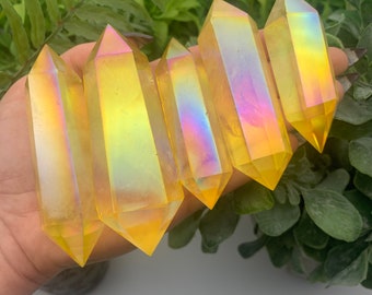 Yellow Sunshine Aura Angel Clear Quartz Double Terminated Wand Point Obelisk (Qty:1)