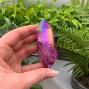 Purple Flame Aura Angel Clear Quartz Double Terminated Wand Point Obelisk Qty:1 image 8