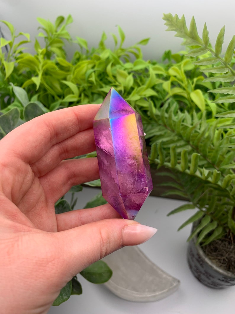 Purple Flame Aura Angel Clear Quartz Double Terminated Wand Point Obelisk Qty:1 image 8