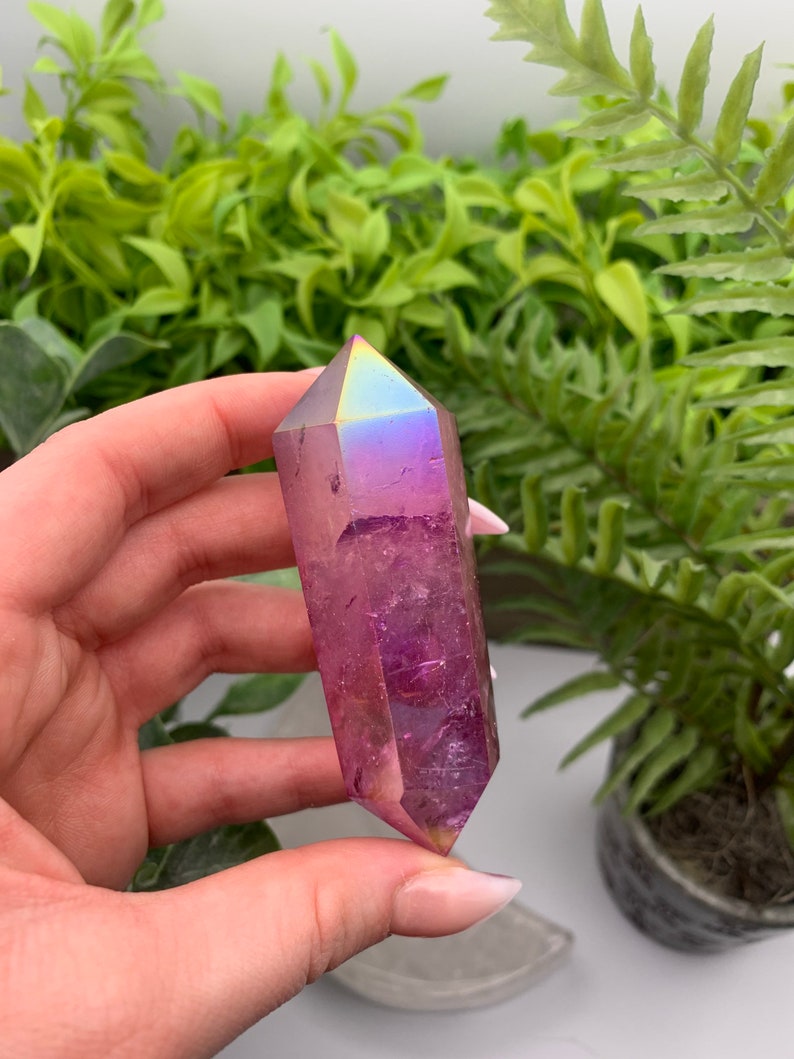 Purple Flame Aura Angel Clear Quartz Double Terminated Wand Point Obelisk Qty:1 image 5