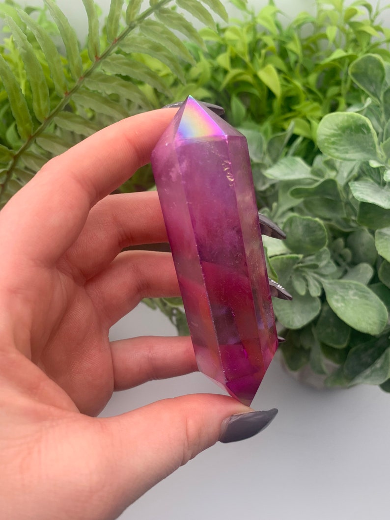 Purple Flame Aura Angel Clear Quartz Double Terminated Wand Point Obelisk Qty:1 image 6