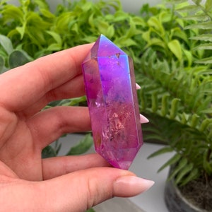 Purple Flame Aura Angel Clear Quartz Double Terminated Wand Point Obelisk Qty:1 image 2