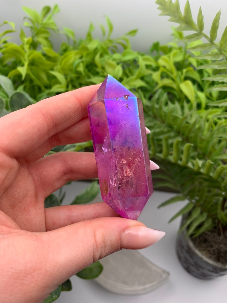 Purple Flame Aura Angel Clear Quartz Double Terminated Wand Point Obelisk Qty:1 image 2