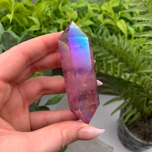 Purple Flame Aura Angel Clear Quartz Double Terminated Wand Point Obelisk Qty:1 image 9