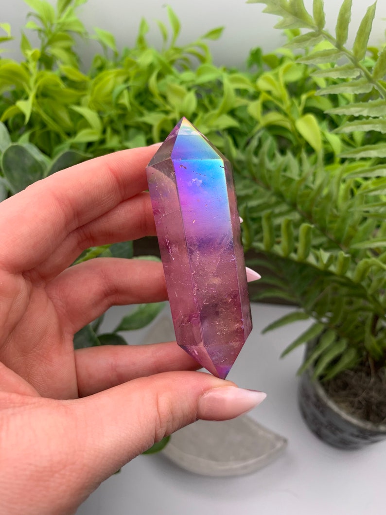 Purple Flame Aura Angel Clear Quartz Double Terminated Wand Point Obelisk Qty:1 image 9