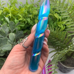 Blue Aqua Aura Selenite Satin Spar Spiral Wand Unicorn Horn Point Obelisk (Qty:1)