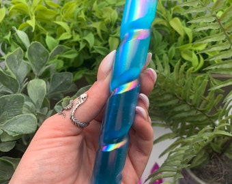 Blue Aqua Aura Selenite Satin Spar Spiral Wand Unicorn Horn Point Obelisk (Qty:1)