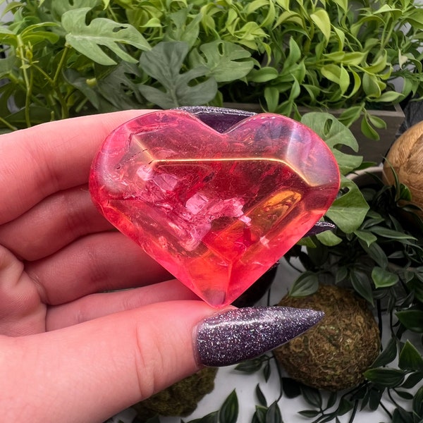 Red Ruby Aura Quartz Faceted Heart Palm Pocket Worry Stone (Qty: 1)