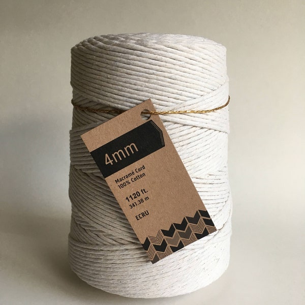 4mm Single Strand Cotton Macrame Cord / Bulk Fiber Art String - Natural Beige