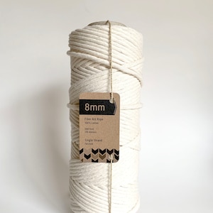 8mm Single Strand Cotton Macrame Cord / Bulk Fiber Art String - Natural Beige Craft Rope, Made in USA
