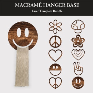 Puede incluir: Un paquete de plantillas de corte láser para colgadores de macramé. El paquete incluye 10 diseños diferentes, incluyendo una cara sonriente, un signo de paz, una flor, un corazón y un hongo. Las plantillas están hechas de madera y están listas para ser utilizadas con una cortadora láser.