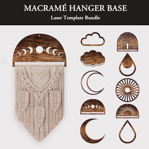 Sun & Moon Macrame Hanger Bundle Pared colgante Base Set Cloud Ornament Laser Wood Cut Plantilla SVG Macrame Pendientes DXF Boho Decor PNG Archivos