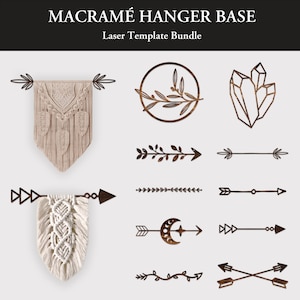 May include: A set of laser cut wood templates for macrame hangers. The templates include a variety of shapes, including circles, arrows, and crystals. The templates are perfect for creating unique and stylish macrame hangers.