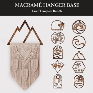 May include: Laser cut wood templates for macrame wall hangings. The bundle includes a variety of designs, including mountains, palm trees, cacti, waves, and sunrises.  The templates are perfect for creating unique and stylish macrame wall art.