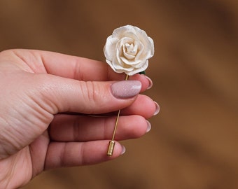 Classic Ivory Rose for Suit Lapel, Wedding Guest Boutonniere, Modern & Stylish Cottagecore Off White Lapel Pin, Dainty Blooming Floral Pin