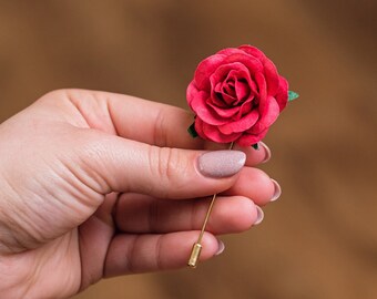 Bright Red Paper-Made Stick Pin with Golden/Silver Needle, Dance Event Formal Buttonhole for Men, Suit Lapel Flower, Unique Gift for Father