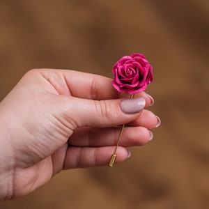 Elegant Blossoming Bright Fuchsia Rose Pin for Wedding Guests, Unique Men Suit Accessories, Lapel Stick Pin with Flower, Magnet Suit Pin image 1