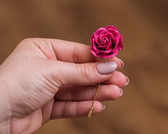 Elegant Blossoming Bright Fuchsia Rose Pin for Wedding Guests, Unique Men Suit Accessories, Lapel Stick Pin with Flower, Magnet Suit Pin