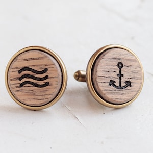 Anchor & Wave Cuff Links, Gift for Sailor, Wooden Cufflinks, Nautical Cufflinks, Rustic Cuff Links, Mens Wood Jewelry, Captain Gift,Dad Gift