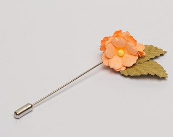 Lapel Bud Peach Japanese Flower Pin, Exotic Men Attire Accessories, Tiny Flower Laple Pin, Teacher Gift, Paper Flower & Small Leaves Brooch