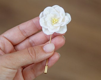 Gardenia Boutonniere Pin, Cream Groom Stick Pin, Pin for Suit, Floral Boutonniere, Wedding Gardenia Brooch Lapel Pin, White Flower Men Pin