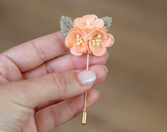 Orange Peach Boutonniere, Wedding Jacket Flower for Him, Light Coral Groom Lapel Pin, Paper-Made Buttonhole with 3 Small Flowers