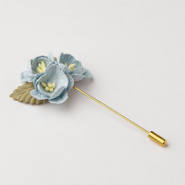 Light Blue Three-Flowers Lapel Pin for Men Suit, Wedding Day Lapel Pin, Rustic Style Boutonniere, Floral Brooch Pin, Special Occasion Pin