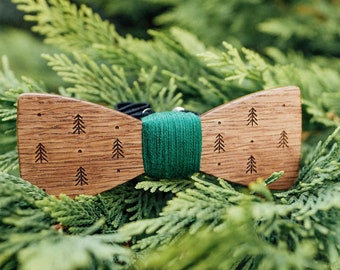 Wood Green Bow Tie with Trees Engraving & Cotton Thread,  Wildlife Lover Gift, Lumberjack Gifts, Arborist Personalized Bow Tie