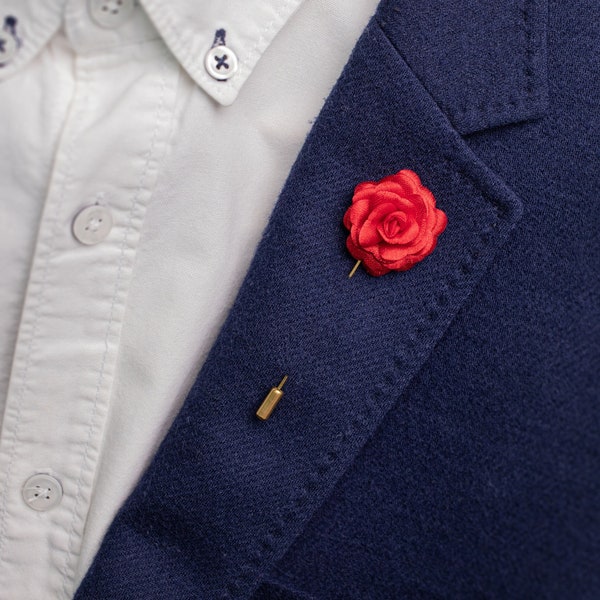 Red Rose Fabric Buttonhole Lapel Pin for Mens Tuxedo or Suit - Small Brooch Gift Accessory