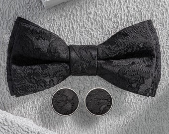 Men Gift Set - Jacquard Bow Tie With Cuff Links, All Black Suit Accessories, Cocktail Bow Tie, Elegant Men Bow Tie, Fabric Cuff Links Men