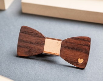 Rose Gold Wood Bow Tie with Small Heart Symbol - Wood & Leather Choker, Mother's Day Gift, Formal Event Jewelry Accessories, Unique Gift