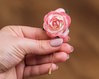 Japanese Blossoming Pink Ombre Large & Wide Rose Buttonhole for Suit, Lapel Flower Stick Pin, Gentle Summer Wedding Accessories for Him