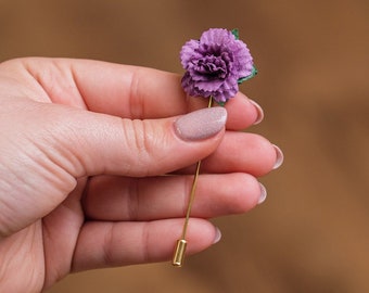 Gold/Silver Needle Flower in Purple & Many Other Colors, Wedding Guest Stick Pin, Men Suit Boutonniere, Celebration Accessories for Him