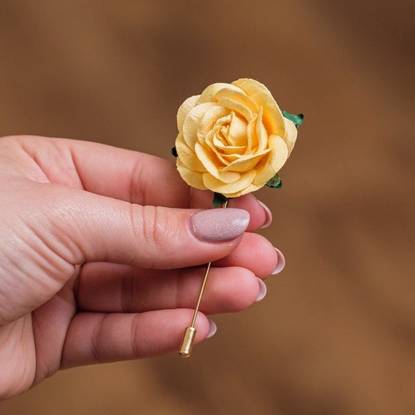 Épingle rose jaune, boutonnière fleur, épinglette manteau jaune pastel homme, boutonnière mariage, épingles style vintage papier rose