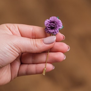 Gold/Silver Needle Flower in Purple & Many Other Colors, Wedding Guest Stick Pin, Men Suit Boutonniere, Celebration Accessories for Him image 1