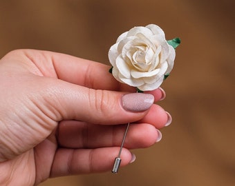 Ivory Lapel Pin, Off White Rose Pin, Suit Accessories for Men, Flower Lapel Pin, Deco Style Rose Brooch, Wedding Boutonniere, Stick Pin Rose