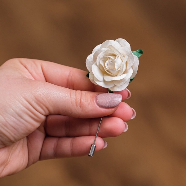 Witte roos revers pin, pak accessoires voor mannen, ivoor bloem revers pin, deco stijl Rose broche, klassieke bruiloft boutonniere, stick pin Rose