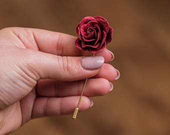 Papierblumen Brosche - Burgunderrote Rose Anstecknadel - Vintage Inspirierte Blumen Knopfloch - Herren Accessoires - Blühende Rose Stick Pin