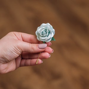 Baby Blue Big Rose Boutonniere for Formal Event, Wedding Lapel Pins in Many Colors Available, Gentle Paper-Made Floral Stick Pin for Men image 3