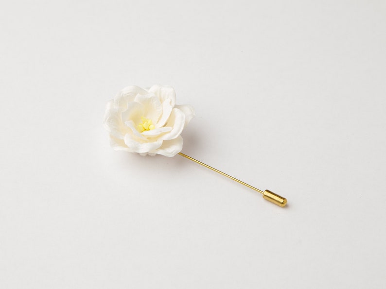 White Gardenia Boutonniere Pin, Cream Groom Stick Pin, Pin for Suit, Floral Boutonniere, Wedding Gardenia Brooch Lapel Pin, White Flower Pin image 4