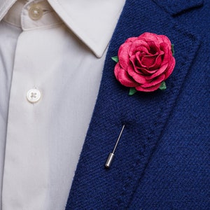 Beautiful Blossoming Large Fuchsia-Colored Rose Boutonniere, Wedding Guest Outfit Accessories, Stylish Summer Men Stick Pin, Formal Brooch image 3