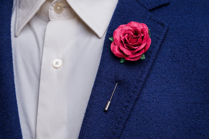 Beautiful Blossoming Large Fuchsia-Colored Rose Boutonniere, Wedding Guest Outfit Accessories, Stylish Summer Men Stick Pin, Formal Brooch image 3