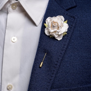 White Blossoming Flower Lapel Pin - Choose Golden/Silver Needle - Wedding Men Suit Accessories, Ruffled Rose Paper Pin, Formal Event Men