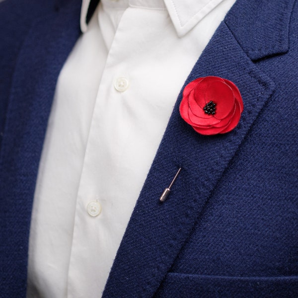 Red Poppy Flower Lapel Pin - Wedding Boutonniere Gift for Him Brooch