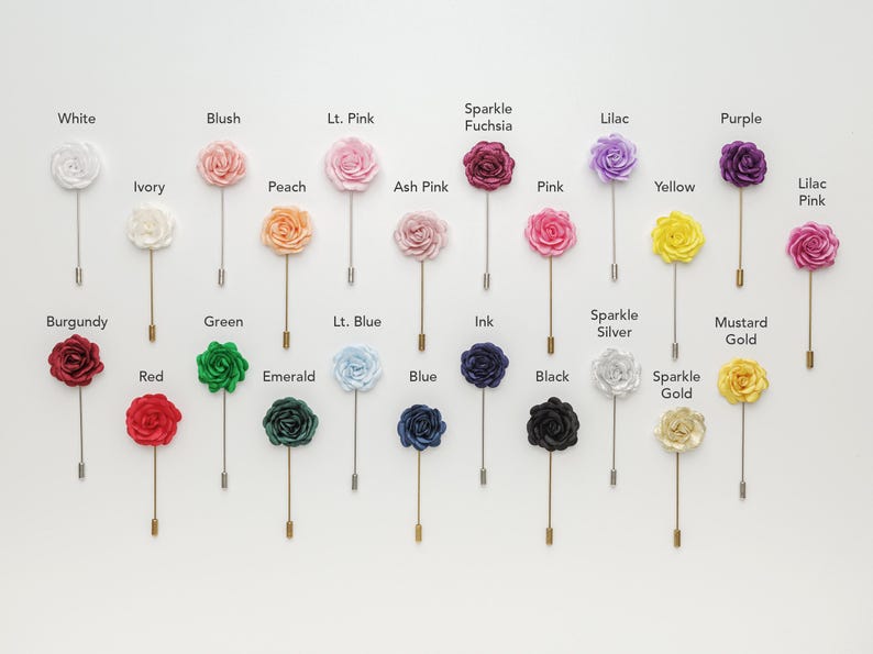 a collection of 24 pin cuffs, each with a different color rose attached, arranged in a grid-like pattern on a white background.