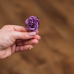 Chunky Fresh Purple Rose Boutonniere, Whimsical Wedding Lapel Stick Pin for Men, Wedding Guest Brooch Pin, Occasion Butterfly Clutch Pin image 3