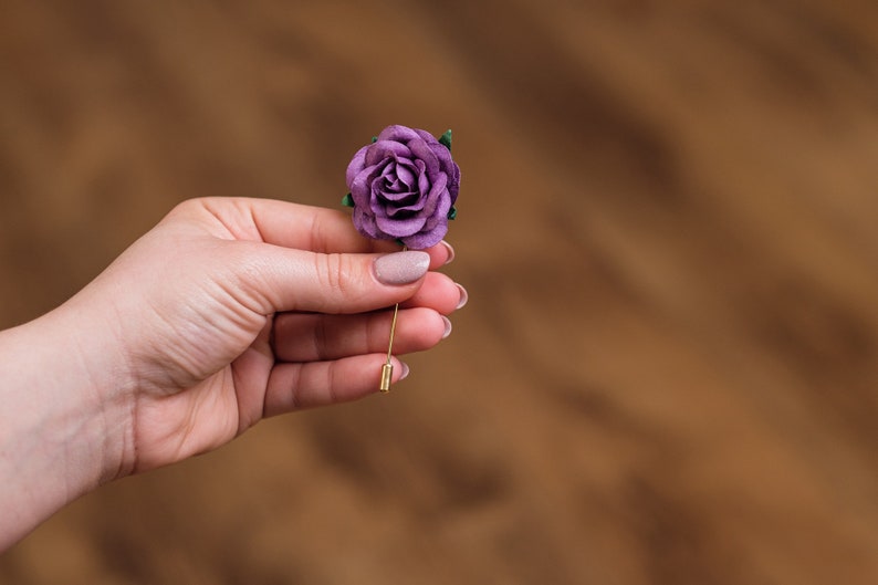 Chunky Fresh Purple Rose Boutonniere, Whimsical Wedding Lapel Stick Pin for Men, Wedding Guest Brooch Pin, Occasion Butterfly Clutch Pin image 3
