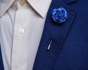 Formal Edwardian-Inspired Royal Blue Paper Rose Stick Pin with Golden/Silver Needle - Vintage Style Deep Blue Boutonniere for Men Lapel