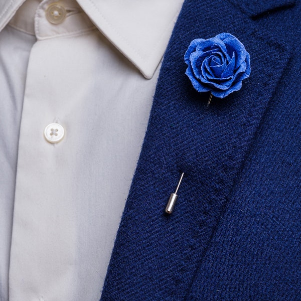 Formal Edwardian-Inspired Royal Blue Paper Rose Stick Pin with Golden/Silver Needle - Vintage Style Deep Blue Boutonniere for Men Lapel