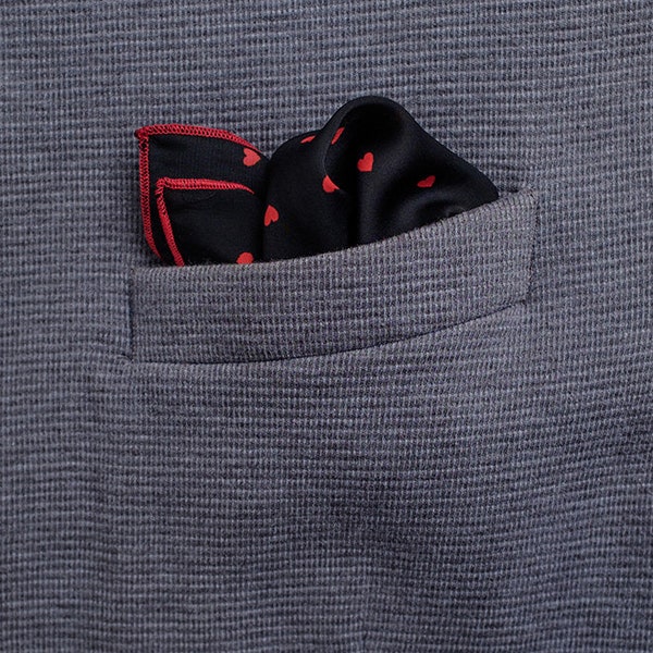 Black Pocket Square with Red Hearts & Red Tipping, Unique Men Accessories for Special Occasion, Small Husband Gift, Wedding Handkerchief